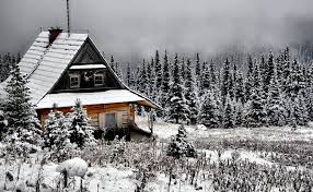 Snow-covered cabin in a winter forest.