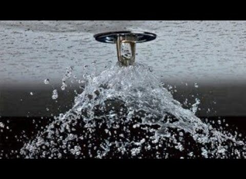 Fire sprinkler spraying water from ceiling.